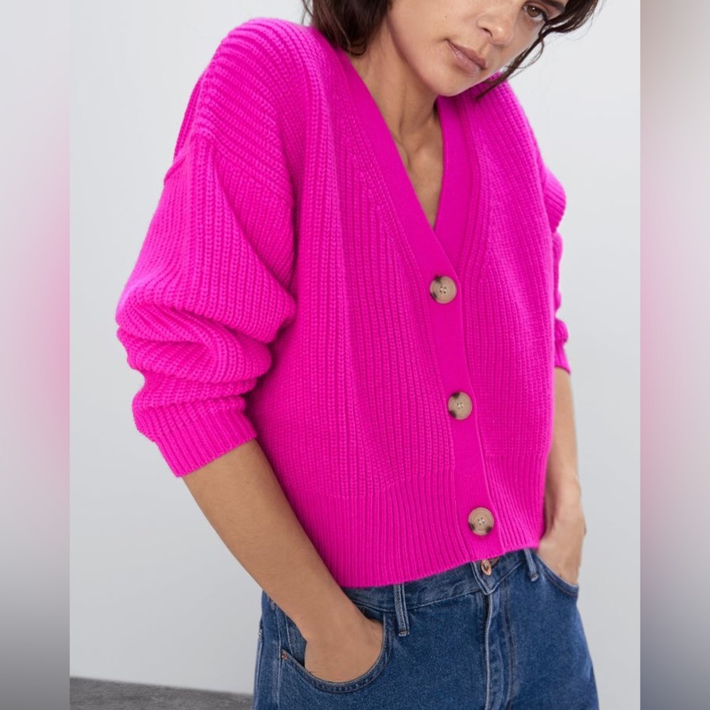 Maeve Anthropologie Sunny Cropped Cardigan Bright Pink Chunky Rib Knit Medium - Picture 1 of 8